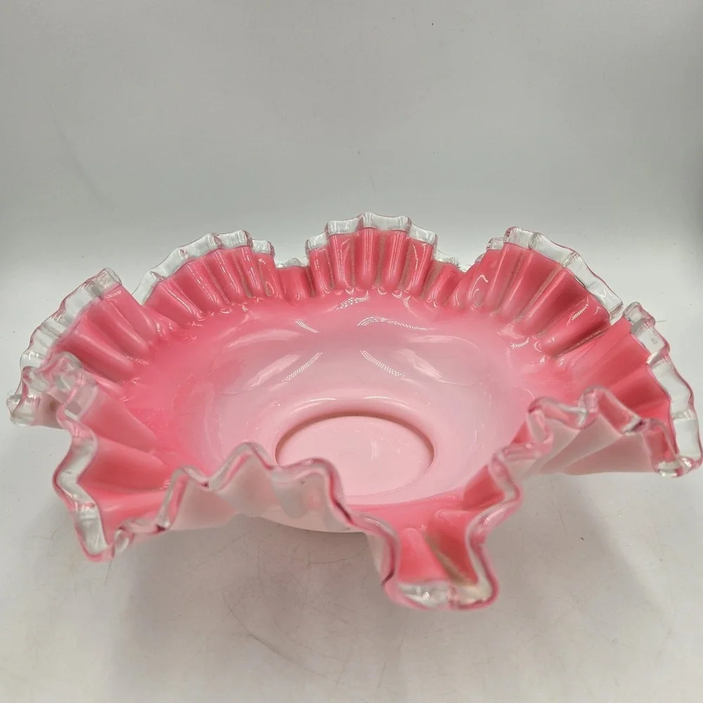 VTG Fenton Peach Crest Pink Cased Milk Glass Ruffled Brides Bowl Clear Edge A+
